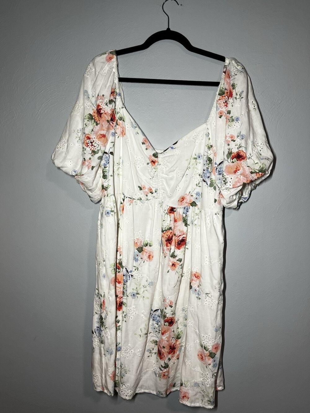 Penelope Rose White Floral Eyelet Smocked V-Neck Puff Sleeve Knee Dress XL
